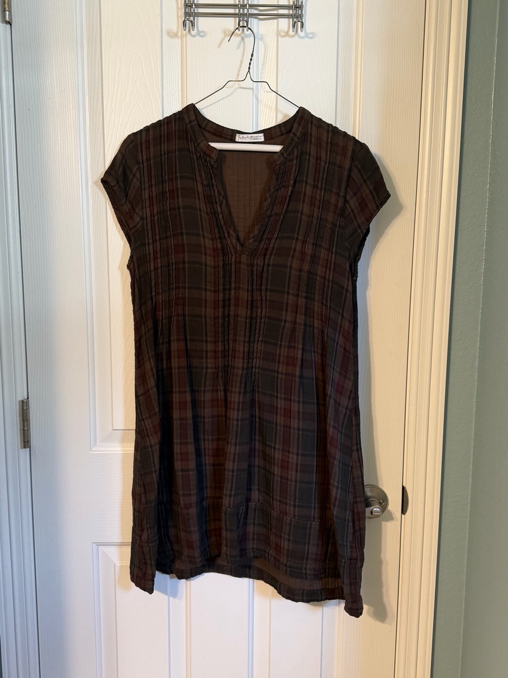 Free People x CP Shades Brown Plaid Short-Sleeve Tunic Dress